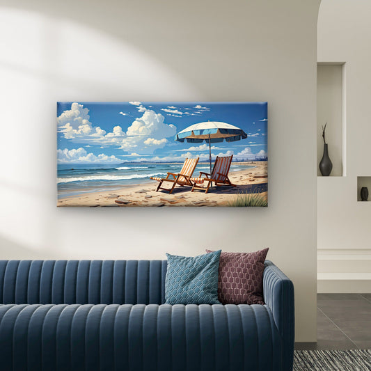 Coastal Beach Deck Chairs Wall Art Canvas Office Home Room Framed 80x45cm