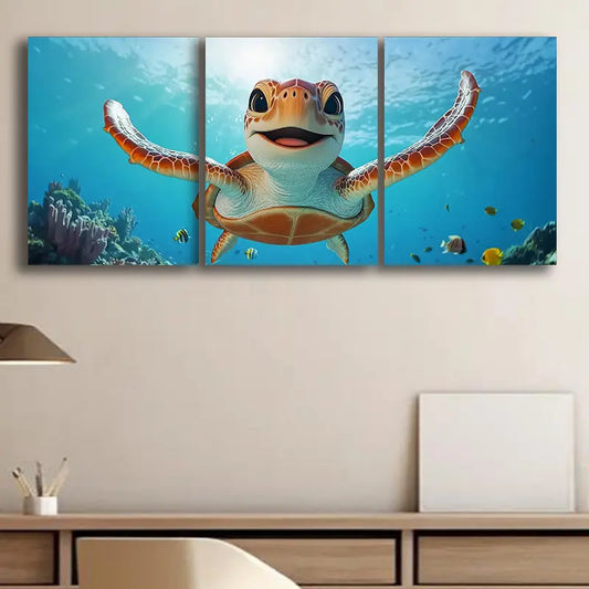 3pcs Happy Sea Turtle Triptych Metal Print Ready to Hang Art
