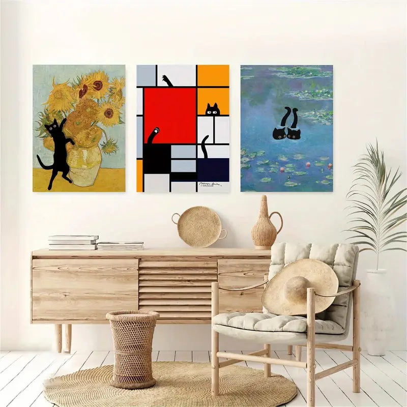 3pcs Featuring a Cat Painting Artistic Essence and Graceful Metal Print Ready to Hang Art
