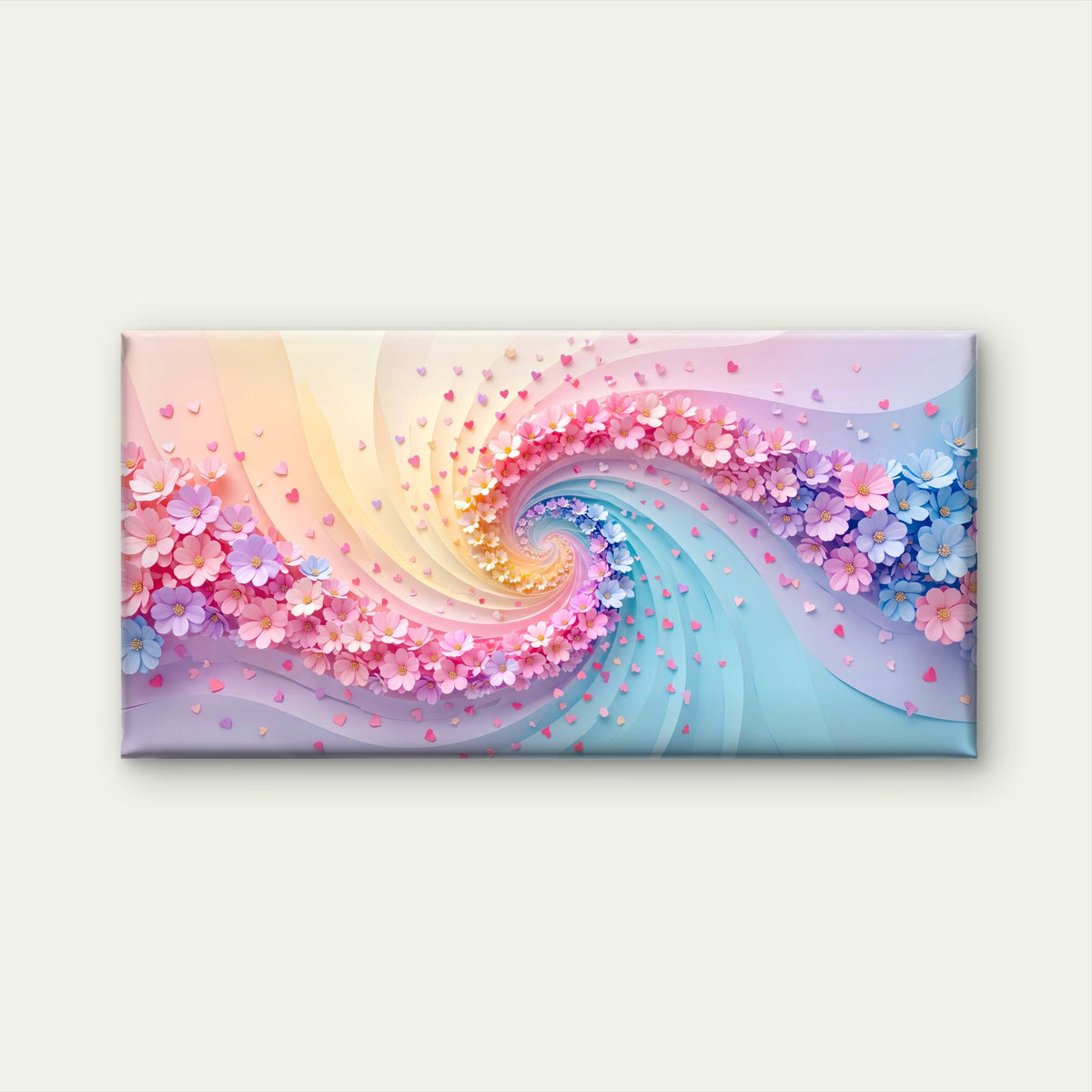 Pastel Floral Spiral Swirl Pink Blue Rainbow Wall Art Canvas Office Home Room Framed 80x45cm