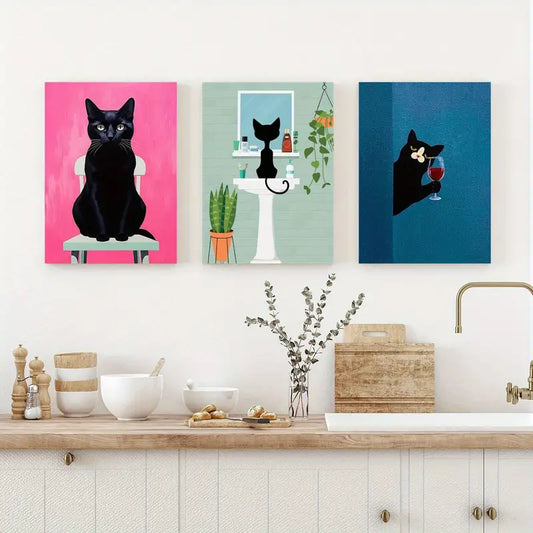 3pcs Black Cat on White Chair, Curious Cat with Wine Glass Metal Print Ready to Hang Art