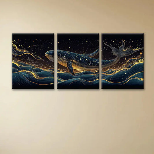 3pcs Whale Amidst Waves Under a Magical Night Sky Metal Print Ready to Hang Art