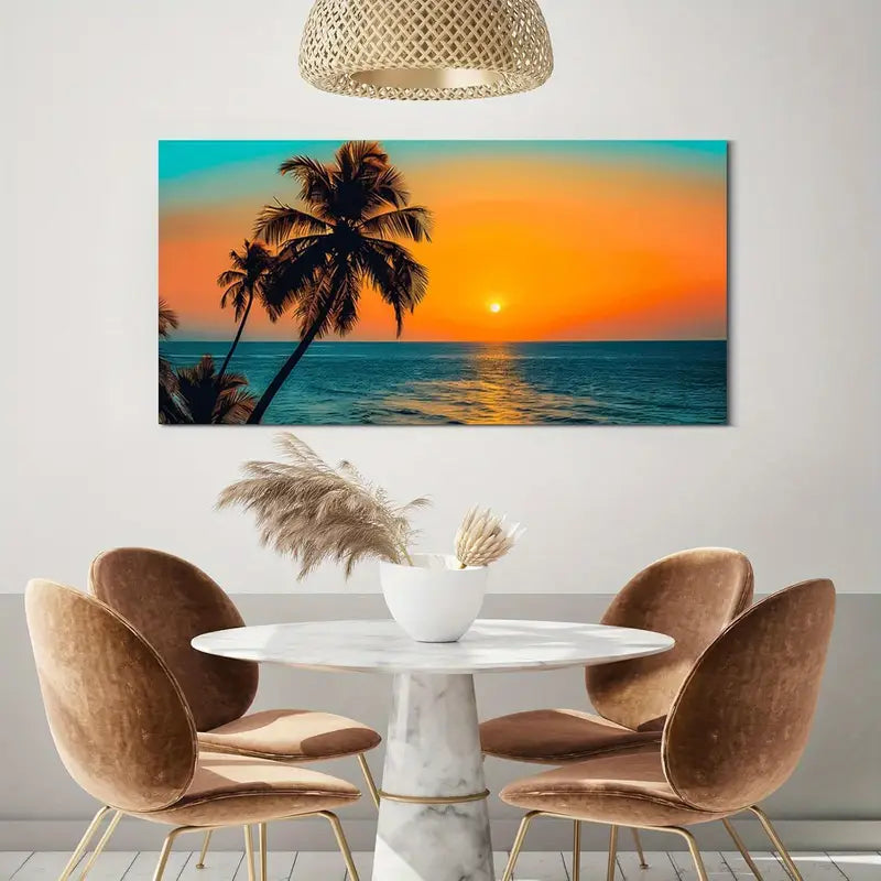 Sunset Beach Palm Trees & Orange Sky Wall Art canvas office home room framed 120x60cm