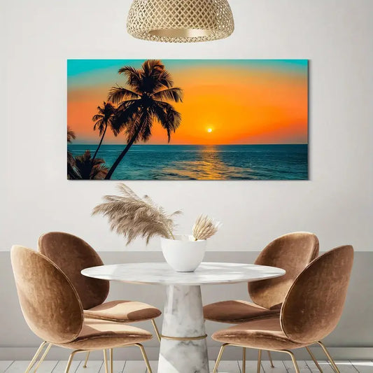Sunset Beach Palm Trees & Orange Sky Wall Art canvas office home room framed 80x45cm