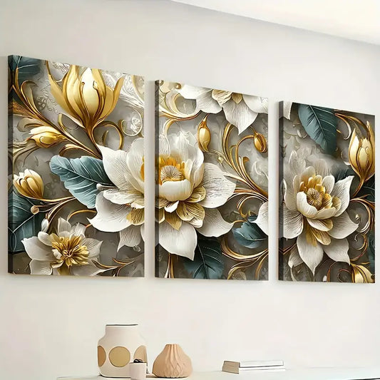 3pcs Light Luxury Style Golden Flower Abstract Art Wall Art Set Canvas Framed 40x60cm - High Quality Print 100% Australian Made Wall Canvas Ready to Hang
