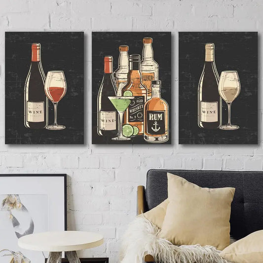 3pcs Wine Bottles, Glasses, and Cocktails Classic Design Metal Print Ready to Hang Art