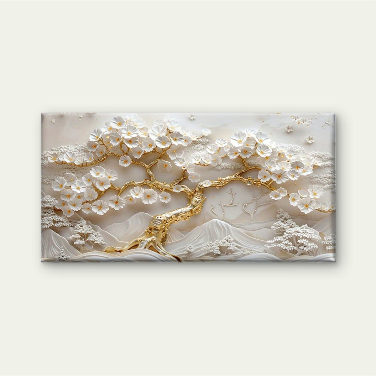 Golden Tree with White Flowers Wall Art Canvas Office Home Room Framed 120x60cm