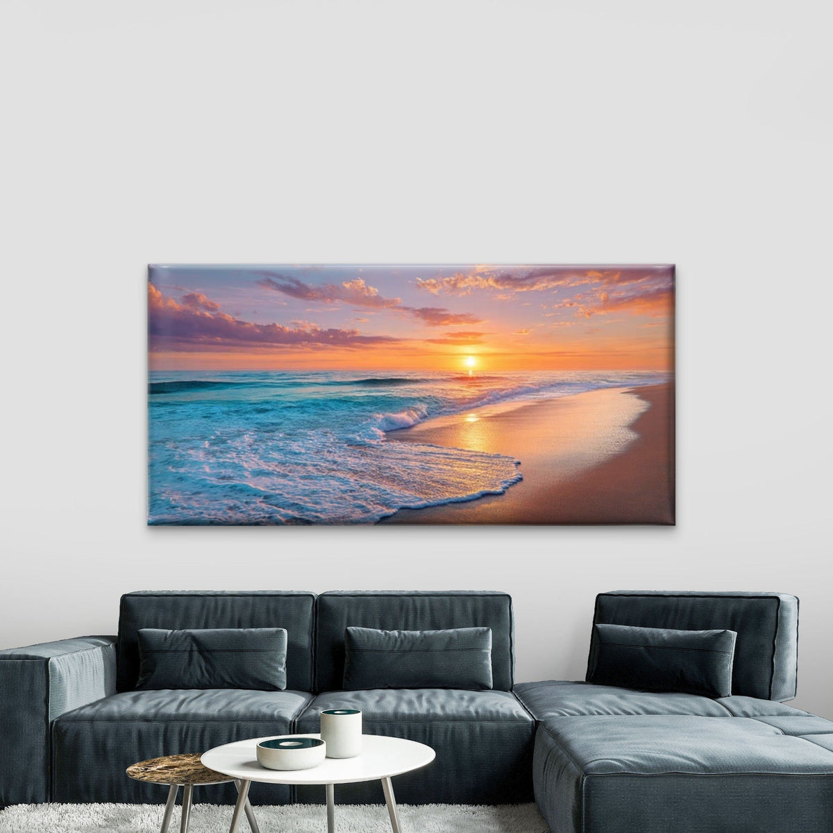 Beach Sunset Ocean Waves Office Home Room Framed 80x45cm