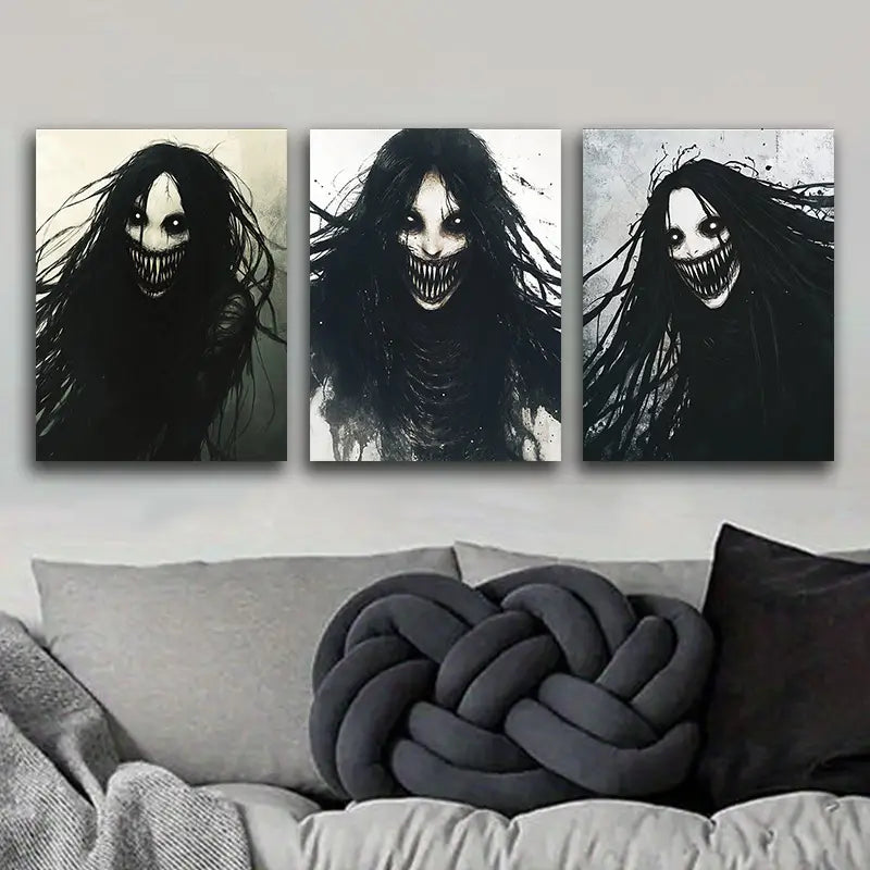 3pcs Black Hair, White Eyes Metal Print Ready to Hang Art