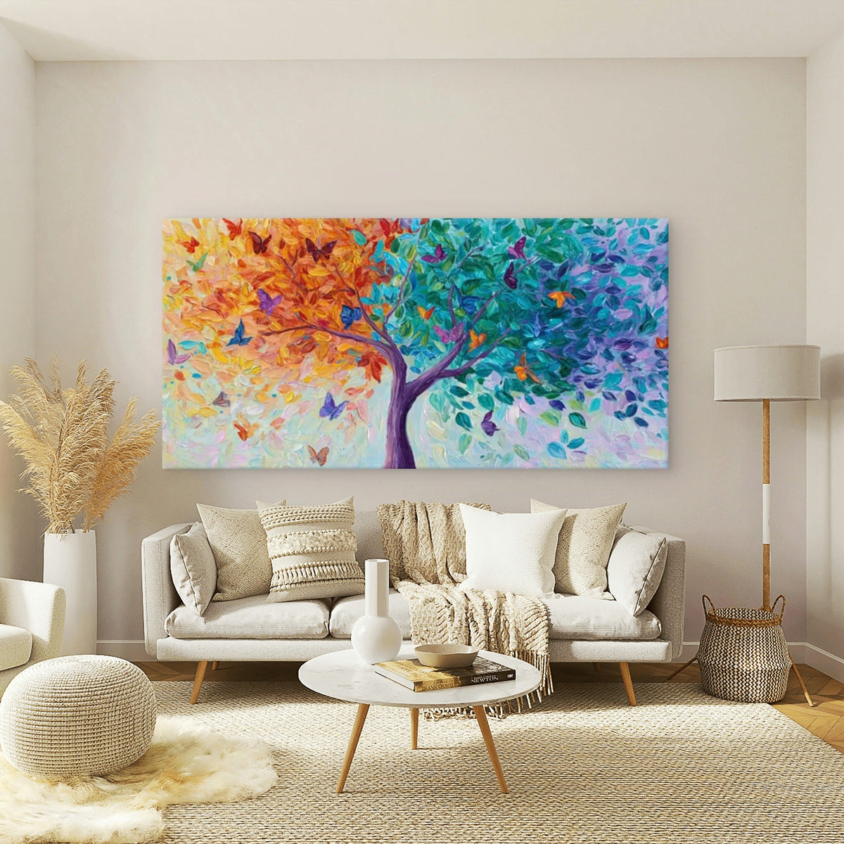 Multicolor Tree & Butterfly Wall Art Canvas Office Home Room Framed 80x45cm