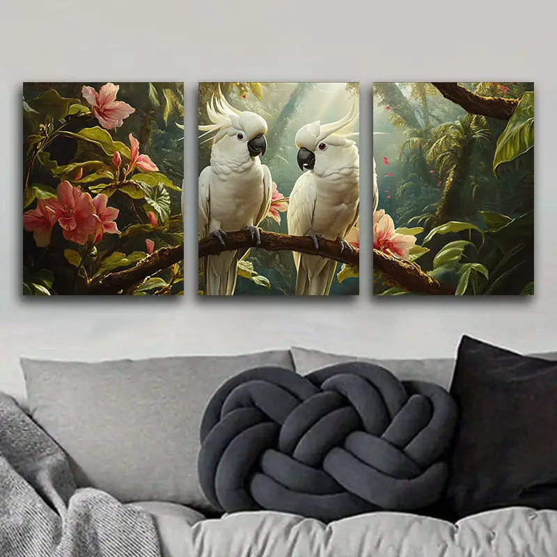 3pcs White Cockatoos on Branches Metal Print Ready to Hang Art