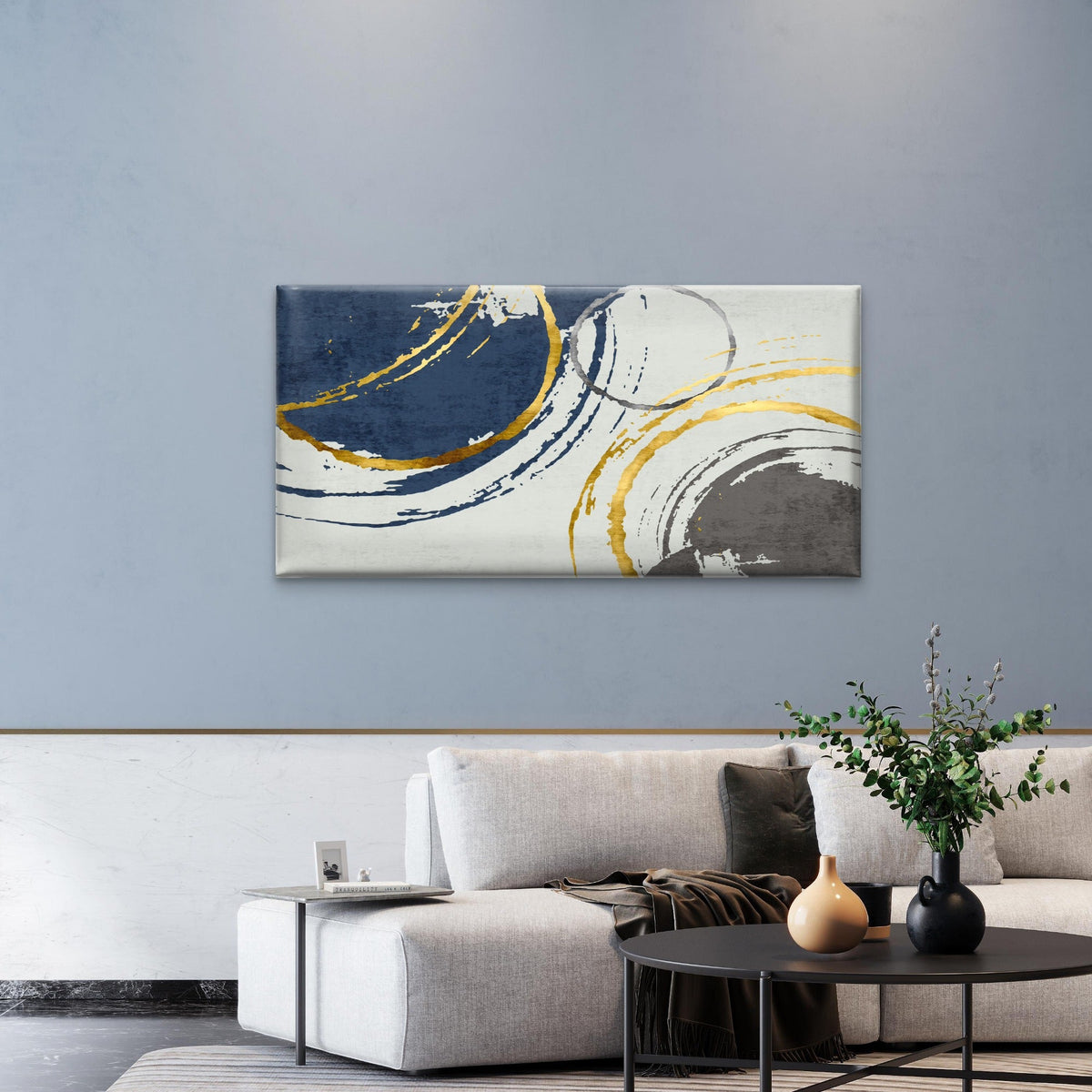 Abstract Navy Blue Gold Paint Wall Art Canvas Office Home Room Framed 120x60cm