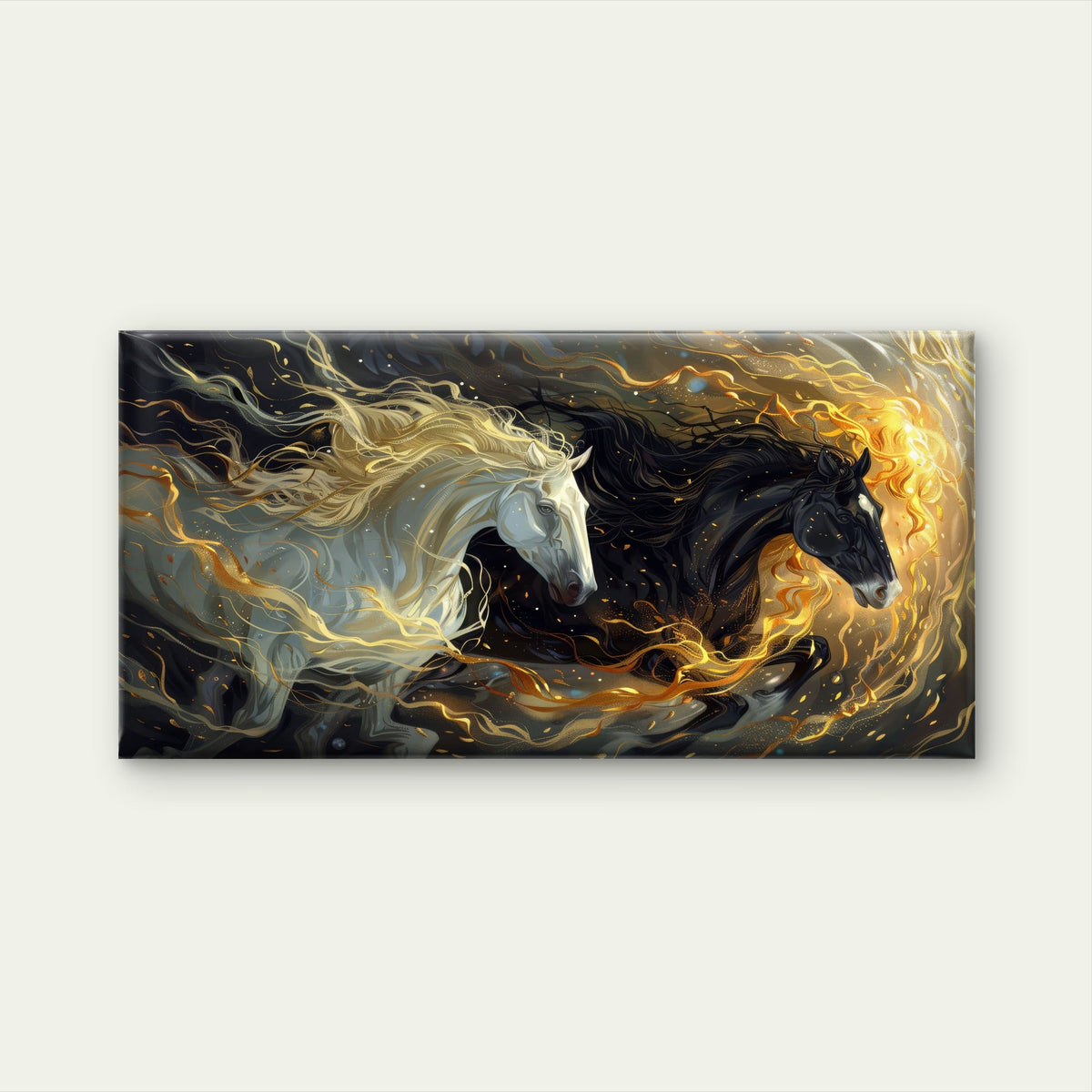 Black White Fire Horses Wall Art Canvas Office Home Room Framed 80x45cm