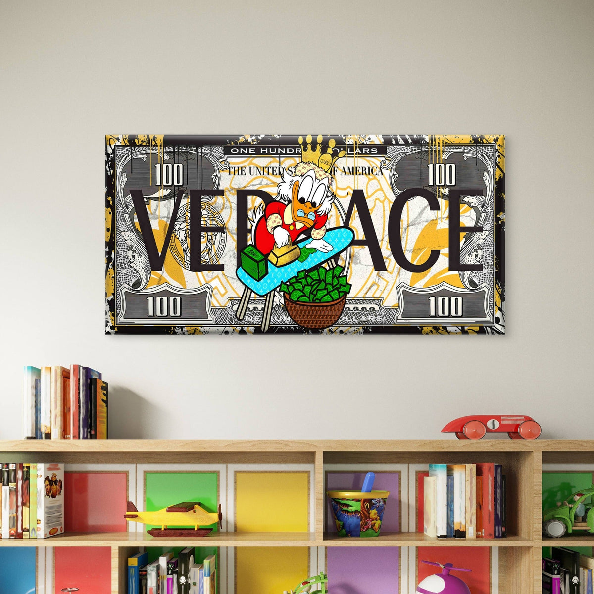 Rich Duck Currency Pattern Wall Art Canvas Office Home Room Framed 80x45cm