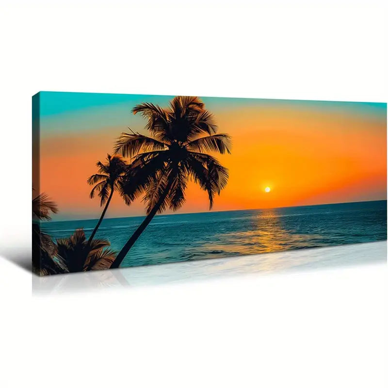 Sunset Beach Palm Trees & Orange Sky Wall Art canvas office home room framed 120x60cm