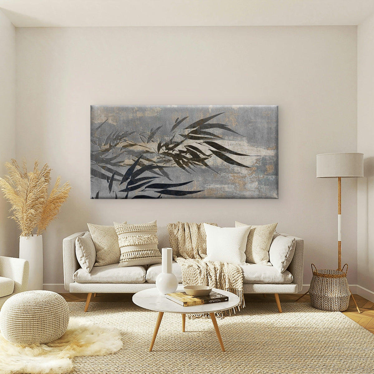 Modern Grey Bamboo Leaves Foil Wall Art Canvas Office Home Framed 80x45cm