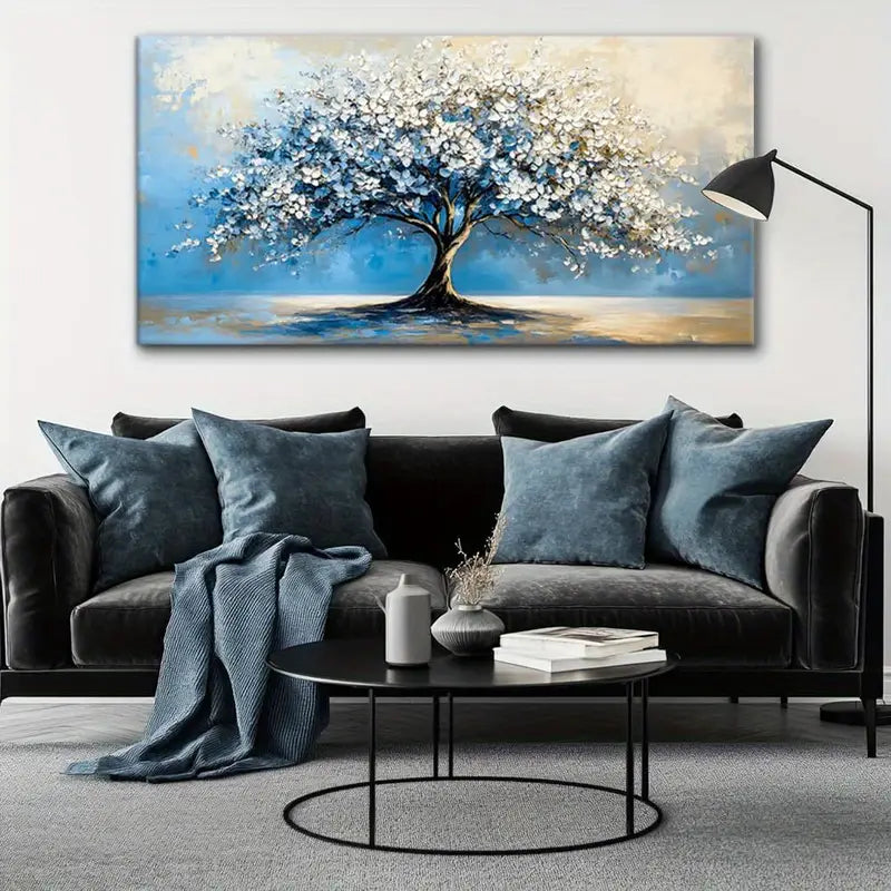 Contemporary Tree Navy Blue White Floral Nature Wall Art canvas office home room framed 120x60cm