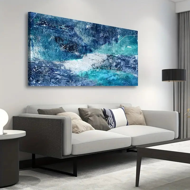 Blue Abstract Ocean Turbulent Waves Design Wall Art canvas office home room framed 120x60cm