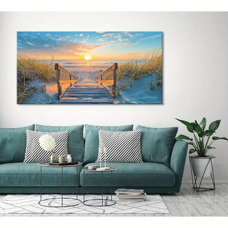Seaside Sunset Beach Pier Vibrant Coastal Wall Art canvas office home room framed 120x60cm