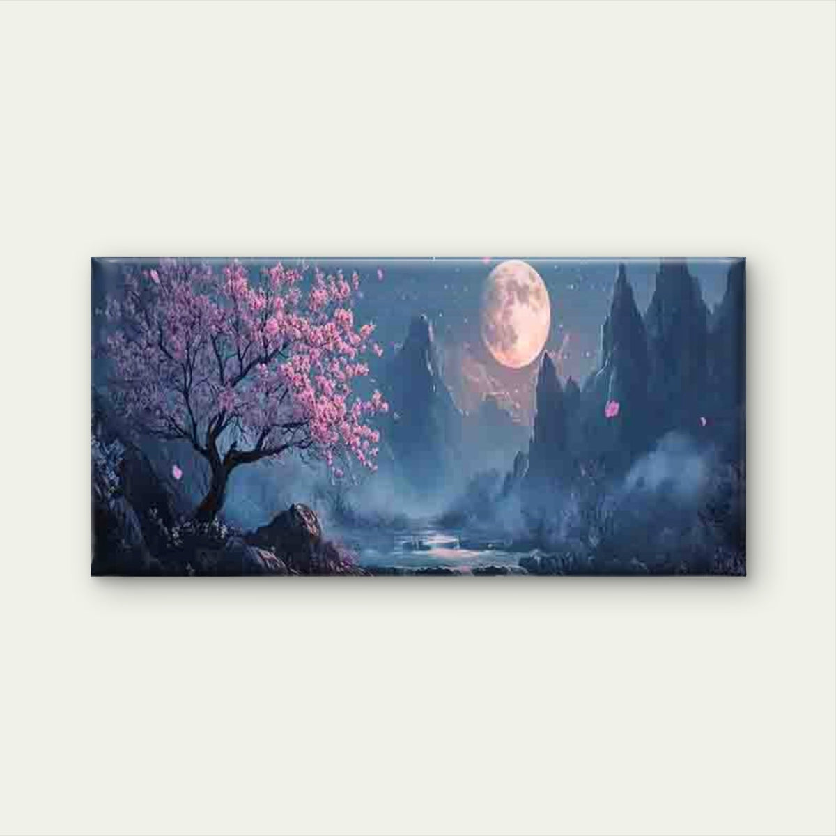 Asian Full Moon & Orchid Tree Wall Art Canvas Office Home Room Framed 120x60cm