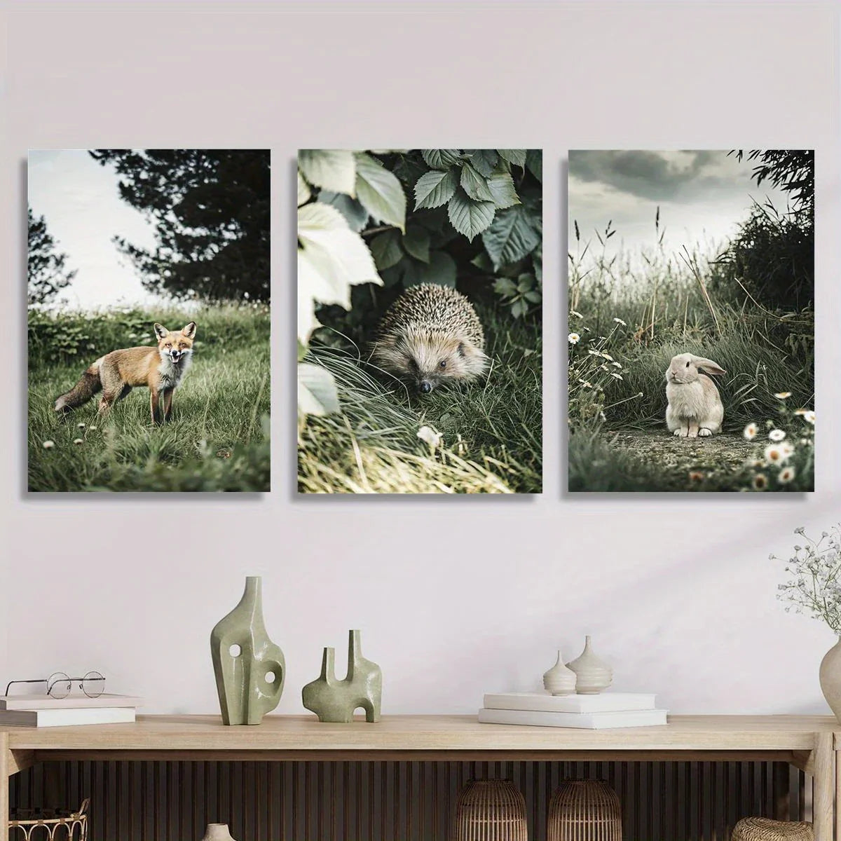 3pcs Fox, Hedgehog and Rabbit Forest Animal Metal Print Ready to Hang Art