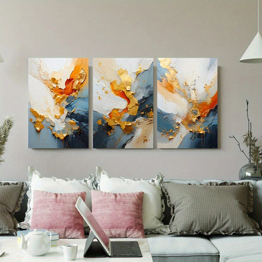 3pcs Golden and Orange Swirls, Elegant Fluid Design Metal Print Ready to Hang Art
