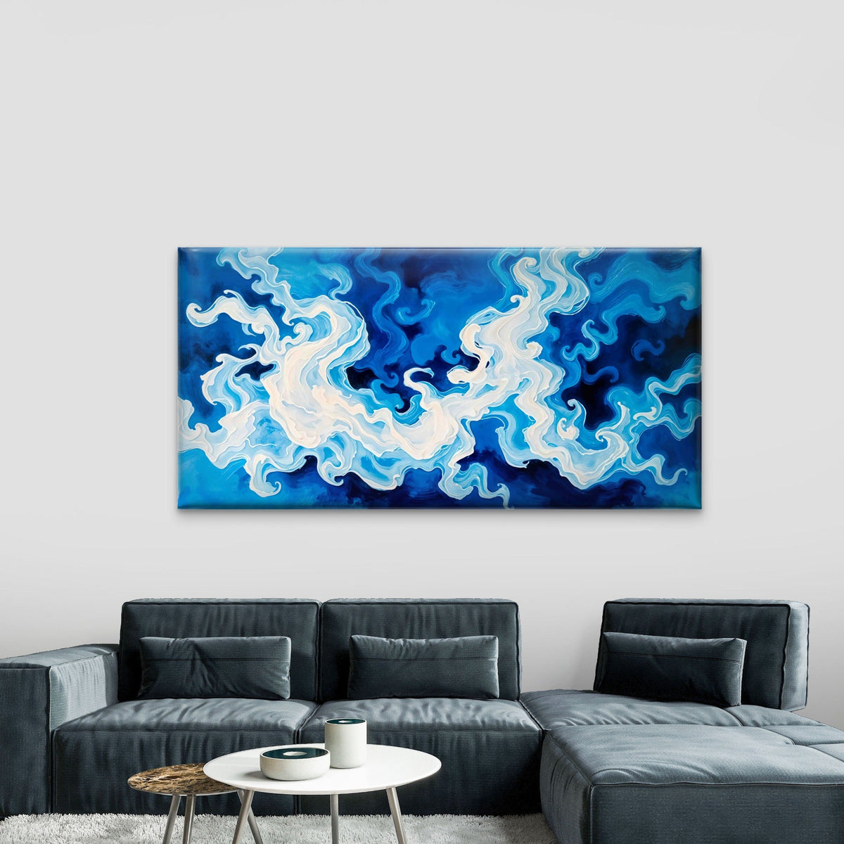 Abstract Blue Liquid Waves Wall Art Canvas Office Home Room Framed 120x60cm