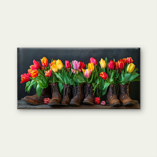 Tulips Boots Floral Painting Wall Art Canvas Office Home Room Framed 80x45cm