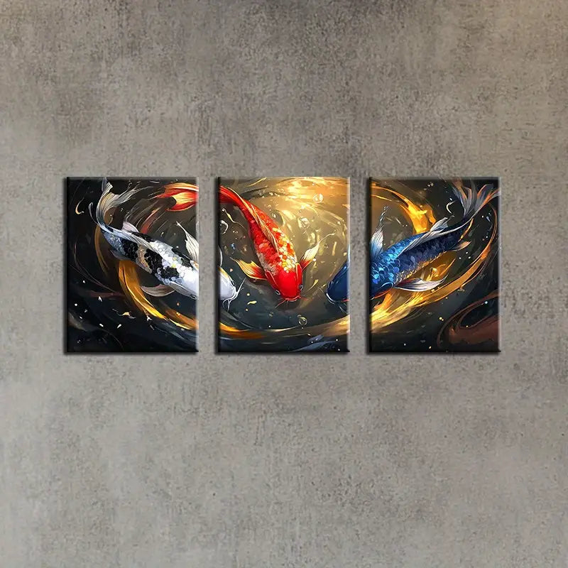 3pcs Koi Fish Vibrant Blue, Red, and Yellow Swirling Design Metal Print Ready to Hang Art