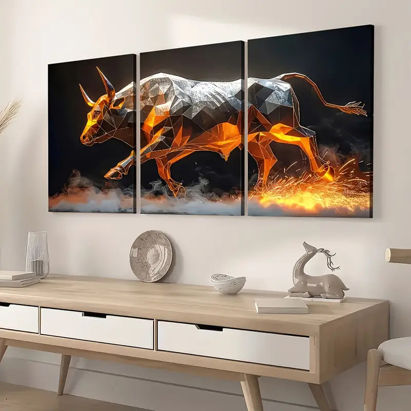 3pcs Modern Style Fashion Abstract Geometry Cattle Animal Art Wall Art Set Canvas Framed 40x60cm - High Quality Print 100% Australian Made Wall Canvas Ready to Hang