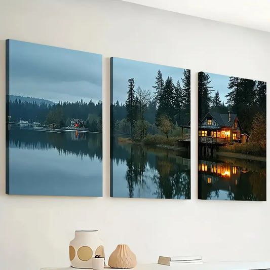 3pcs Modern Wind Natural Forest Wooden House Landscape Art Wall Art Set Canvas Framed 40x60cm - High Quality Print 100% Australian Made Wall Canvas Ready to Hang
