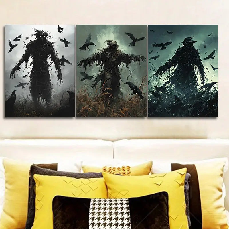 3pcs Featuring a Scarecrow Amidst Crows Metal Print Ready to Hang Art