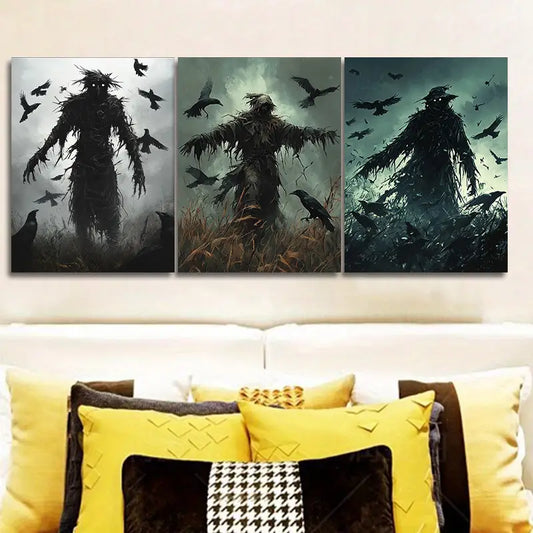 3pcs Featuring a Scarecrow Amidst Crows Metal Print Ready to Hang Art
