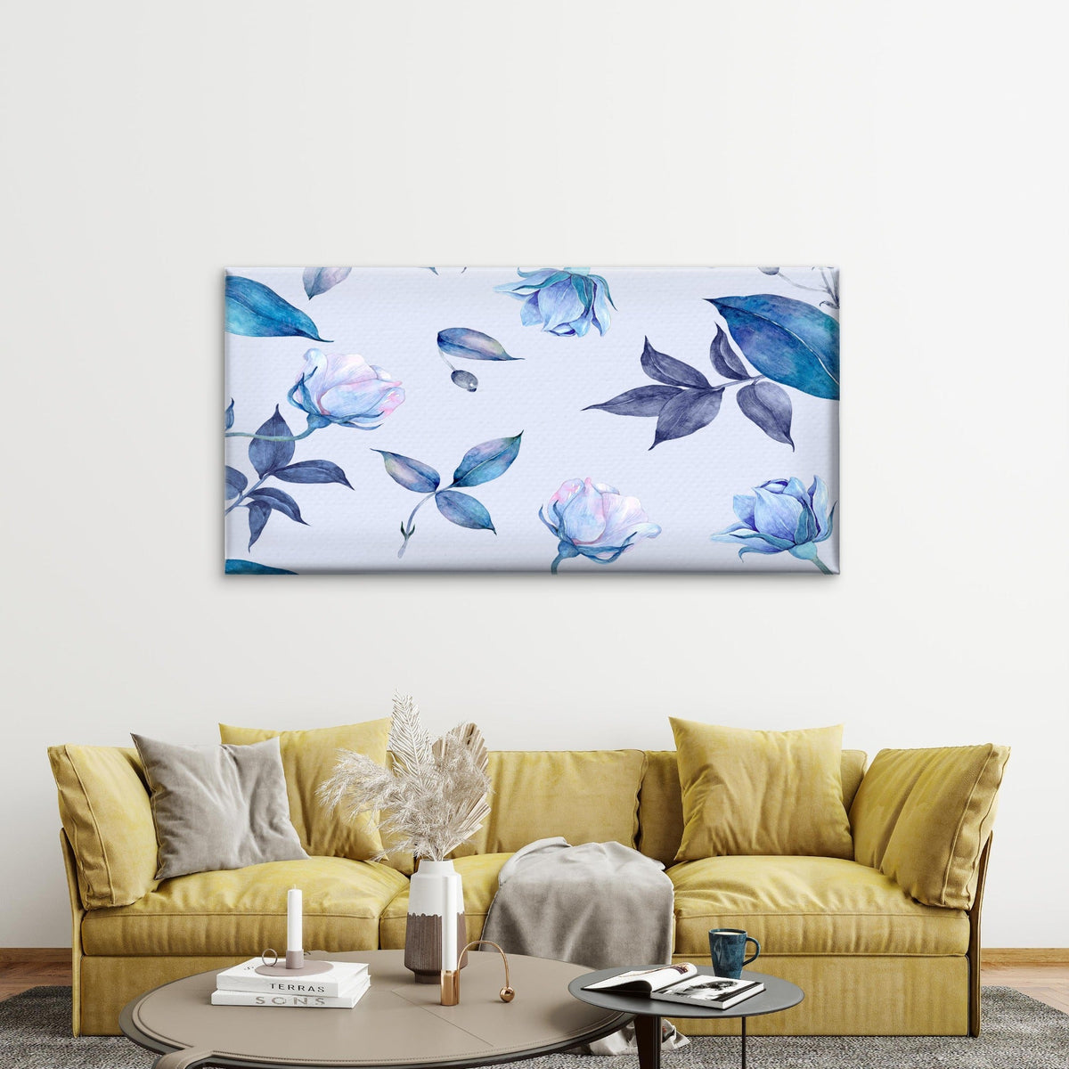 Blue Watercolor Rose Flower Wall Art Canvas Office Home Room Framed 80x45cm