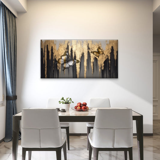 Golden Foil Butterfly Abstract Wall Art Canvas Office Home Framed 80x45cm