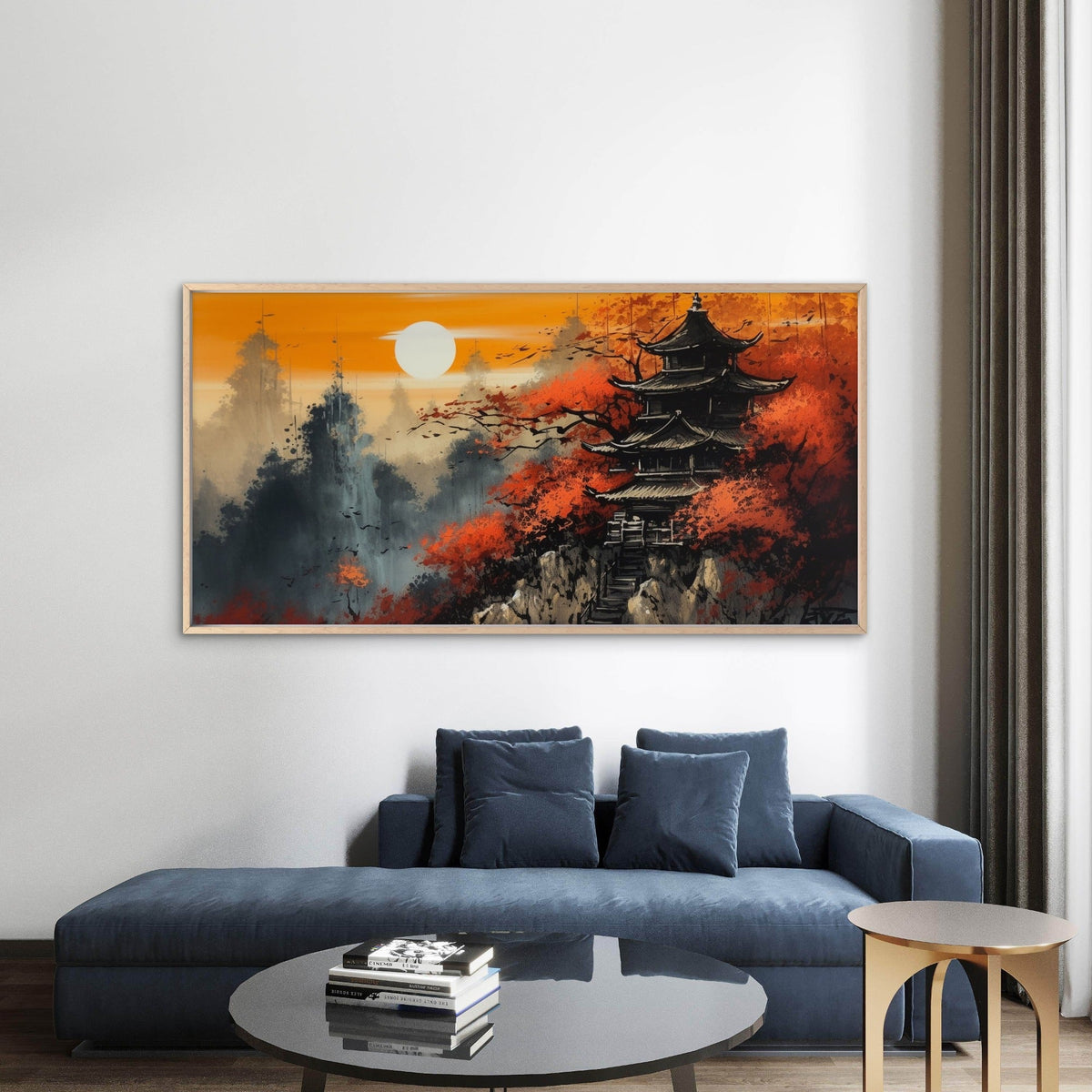 Japanese Temple Sunset View Wall Art Canvas Office Home Room Framed 80x45cm