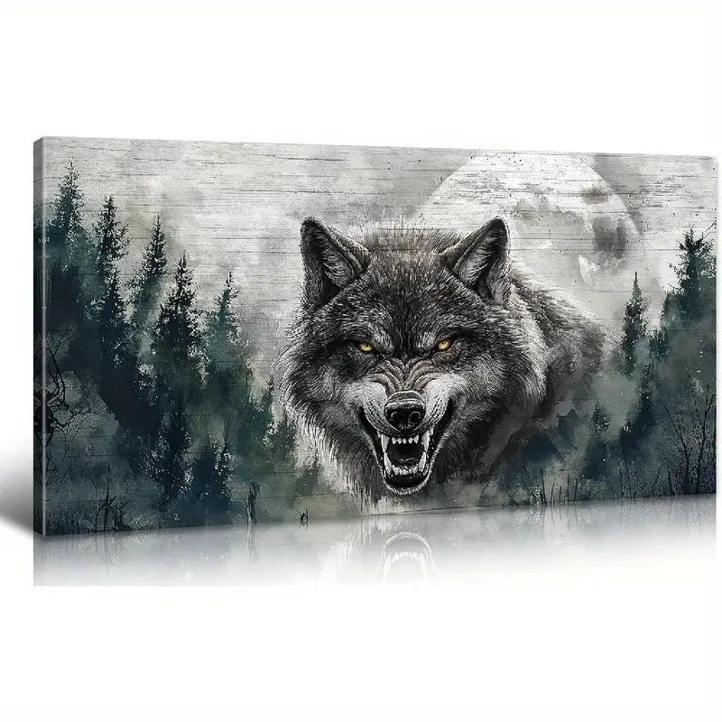 Fierce Wolf Snowy Mountain & Pine Forest Scene Wall Art canvas office home room framed 120x60cm