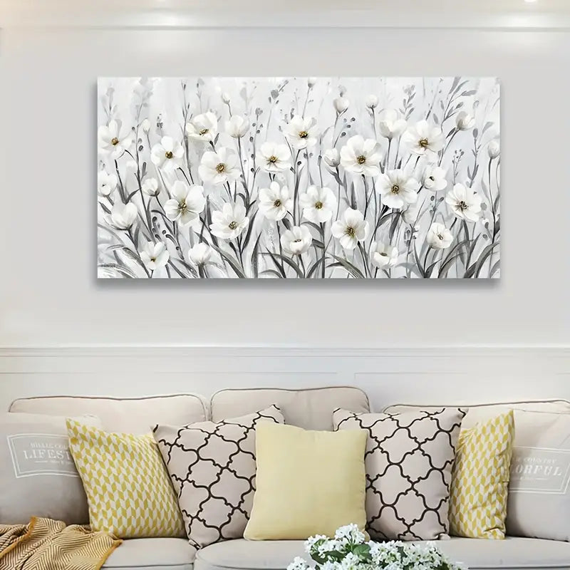 Grey White Wildflowers Botanical Elegant Floral Wall Art canvas office home room framed 120x60cm