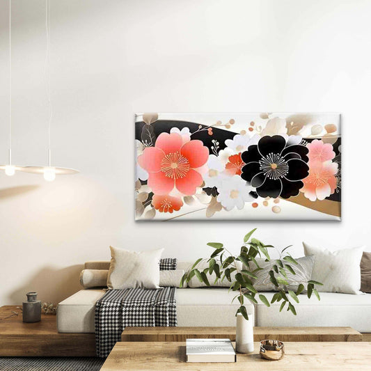 Gold Lines and Multicolor Floral Wall Art Canvas Office Home Room Framed 80x45cm