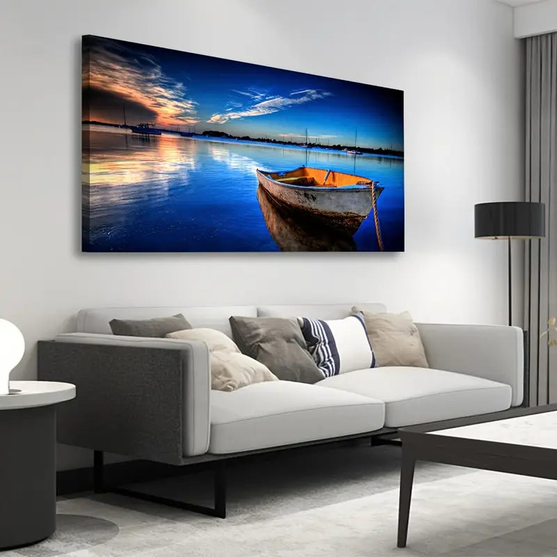 Blue Lake Boat Ocean Sunset Wall Art canvas office home room framed 120x60cm