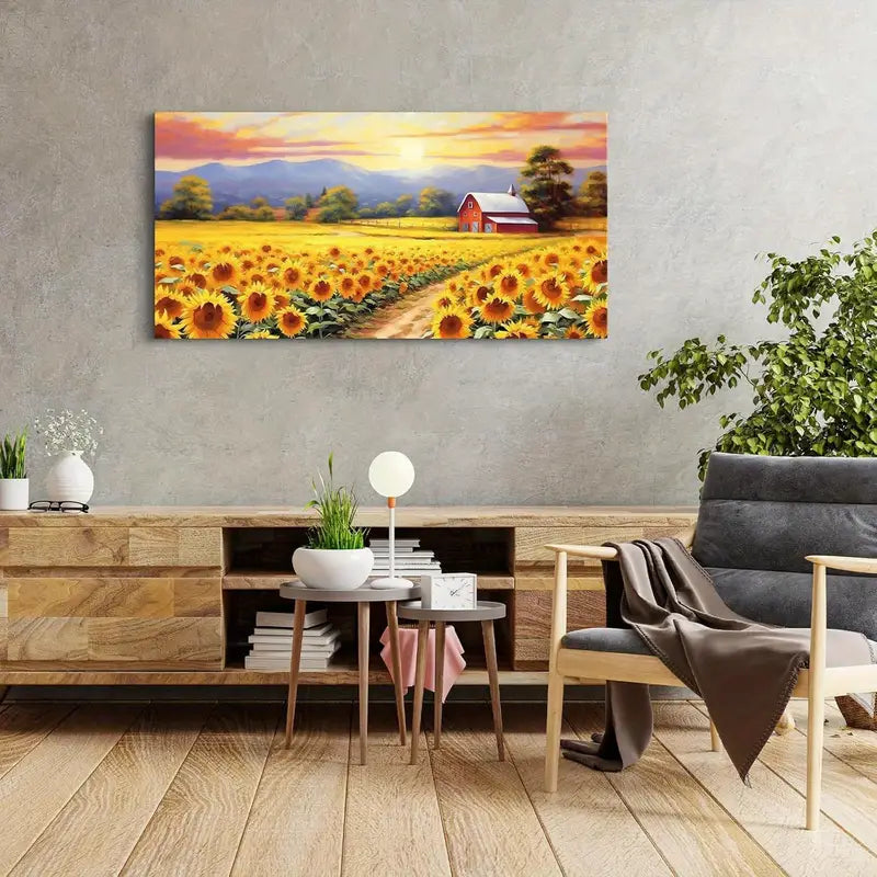 Sunflower Farmhouse Nature Mountain Sun Wall Art canvas office home room framed 120x60cm