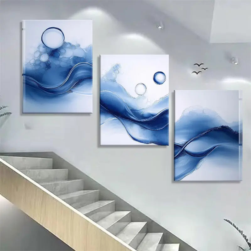 3pcs Vibrant Blue & White Fluid Design with Bubbles Metal Print Ready to Hang Art