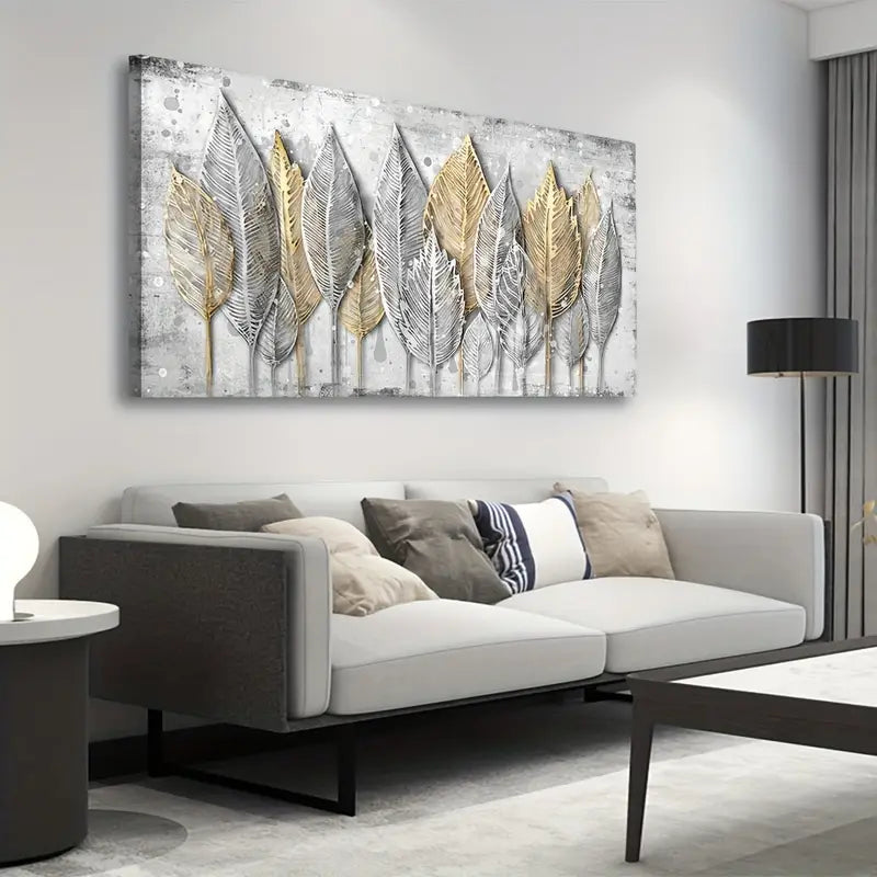 Abstract Golden Silvery Leaf Vintage Wall Art canvas office home room framed 120x60cm