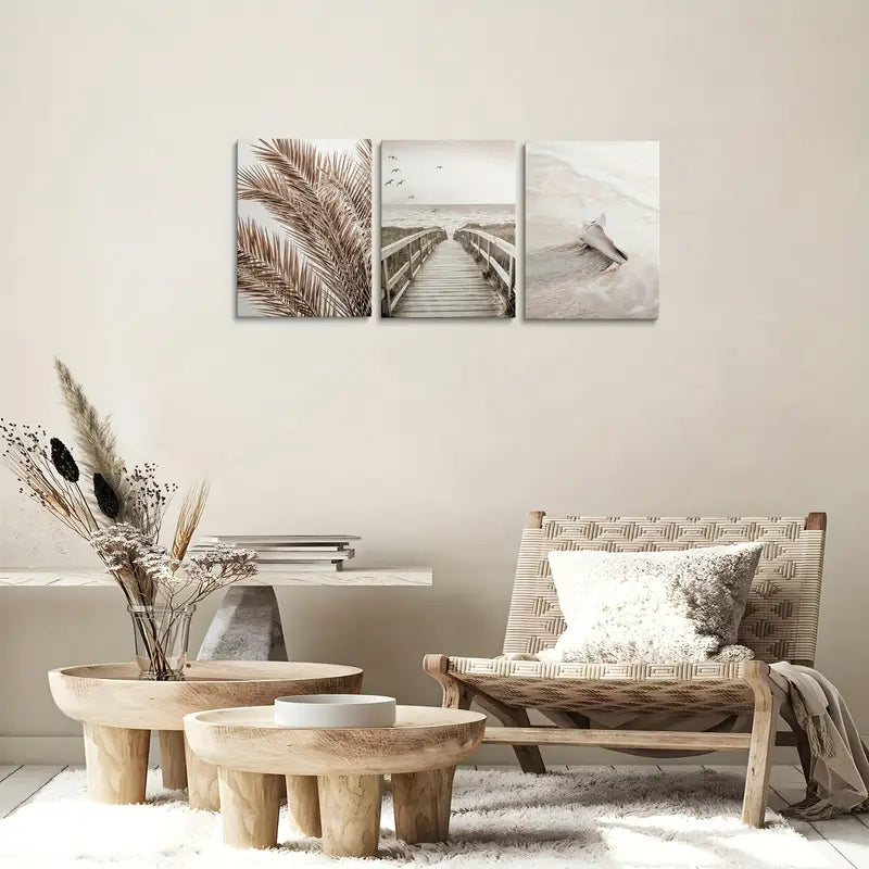 3pcs Bohemian Beige Trestle & Seaside Nordic Metal Print Ready to Hang Art