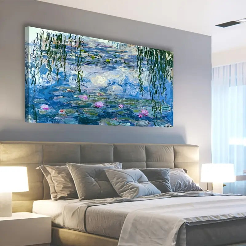 Water Lilies & Willow Leaves Vintage Nature Wall Art canvas office home room framed 120x60cm