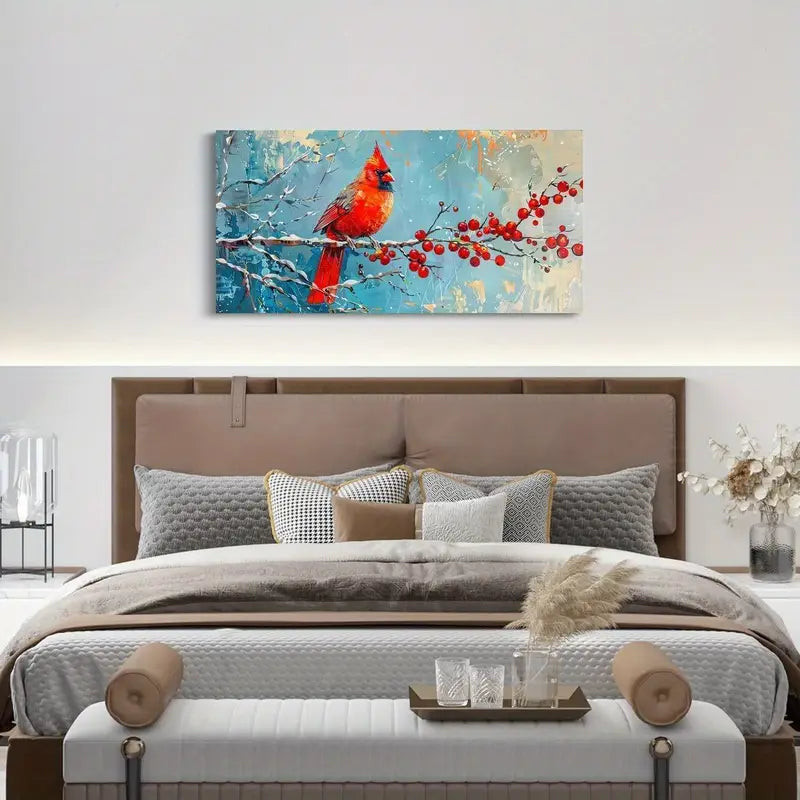 Winter Cardinal & Plum Blossom Rustic Farmhouse Wall Art canvas office home room framed 120x60cm