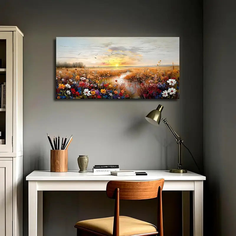 Sunset River Wildflower Field Wall Art canvas office home room framed 120x60cm