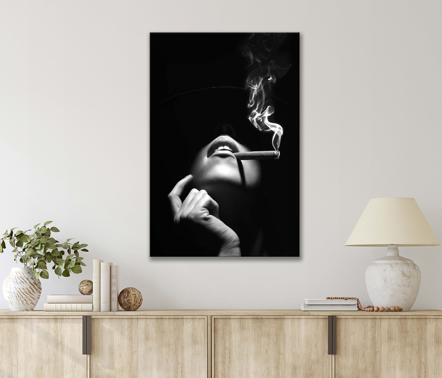 Woman Smoking a Cigarette with A White Smoke & Hat on In Black Print 100% Australian Made 40x60cm Stretched Canvas Ready to Hang