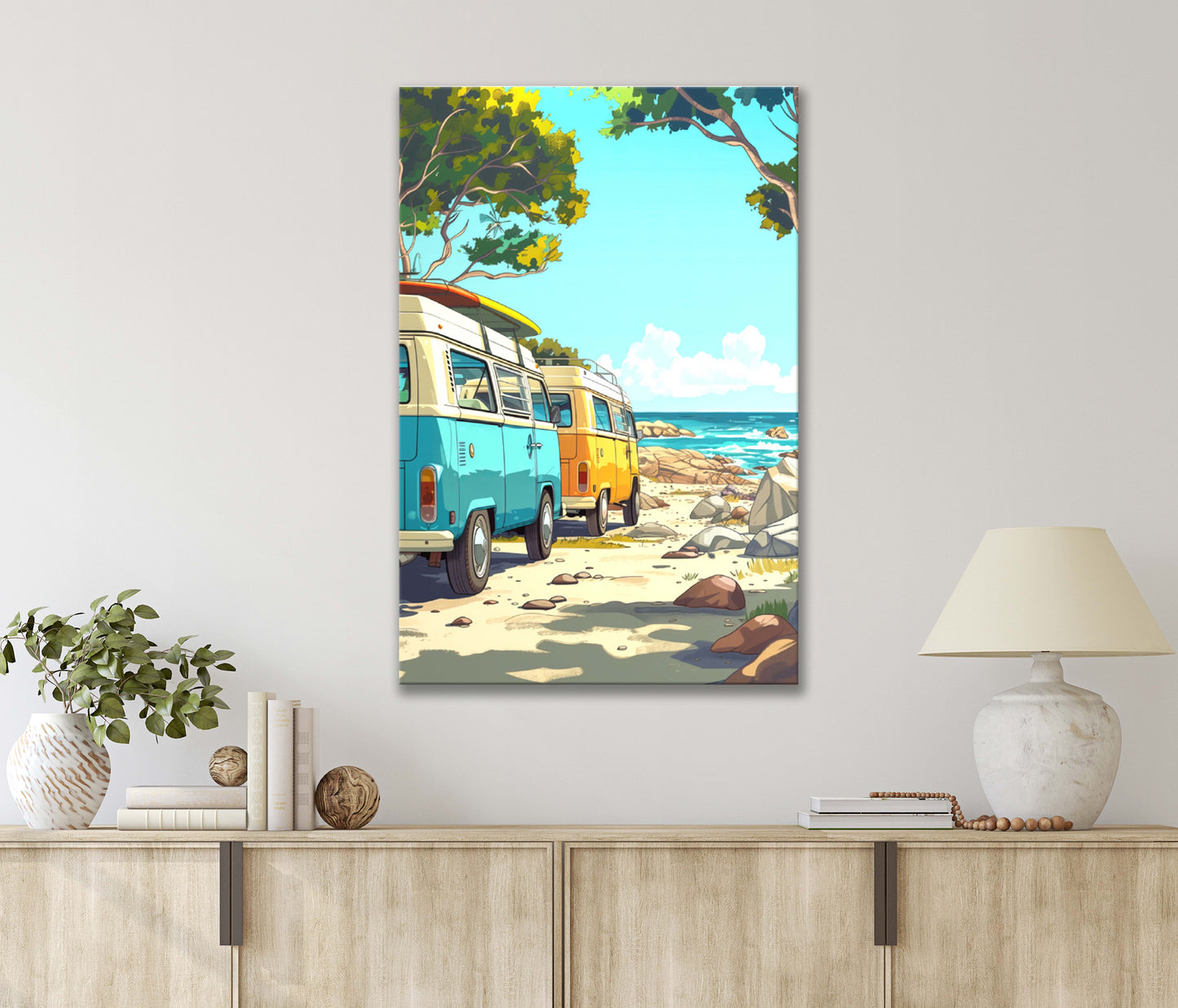 Couple Of Vans Parked on The Summer Beach Sandy Shores Print 100% Australian Made 40x60cm Stretched Canvas Ready to Hang