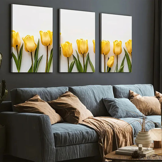 3pcs Minimalist Modern Floral Art Yellow Flowers Wall Art Set Canvas Framed 40x60cm - High Quality Print 100% Australian Made Wall Canvas Ready to Hang